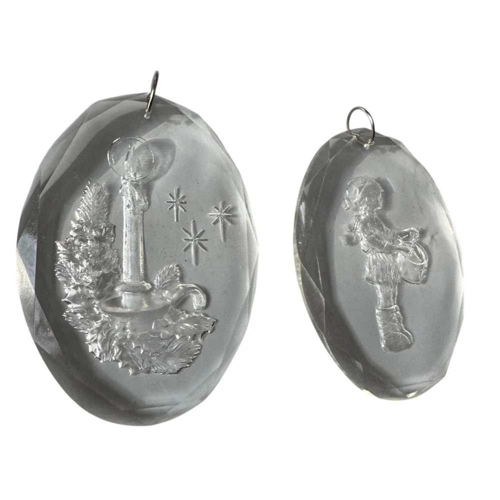 Vintage Pressed Lucite Acrylic Christmas Ornaments‎ Candle Holly and Little Drum